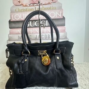 Michael Kors Hamilton Black Leather Satchel with Gold Accents